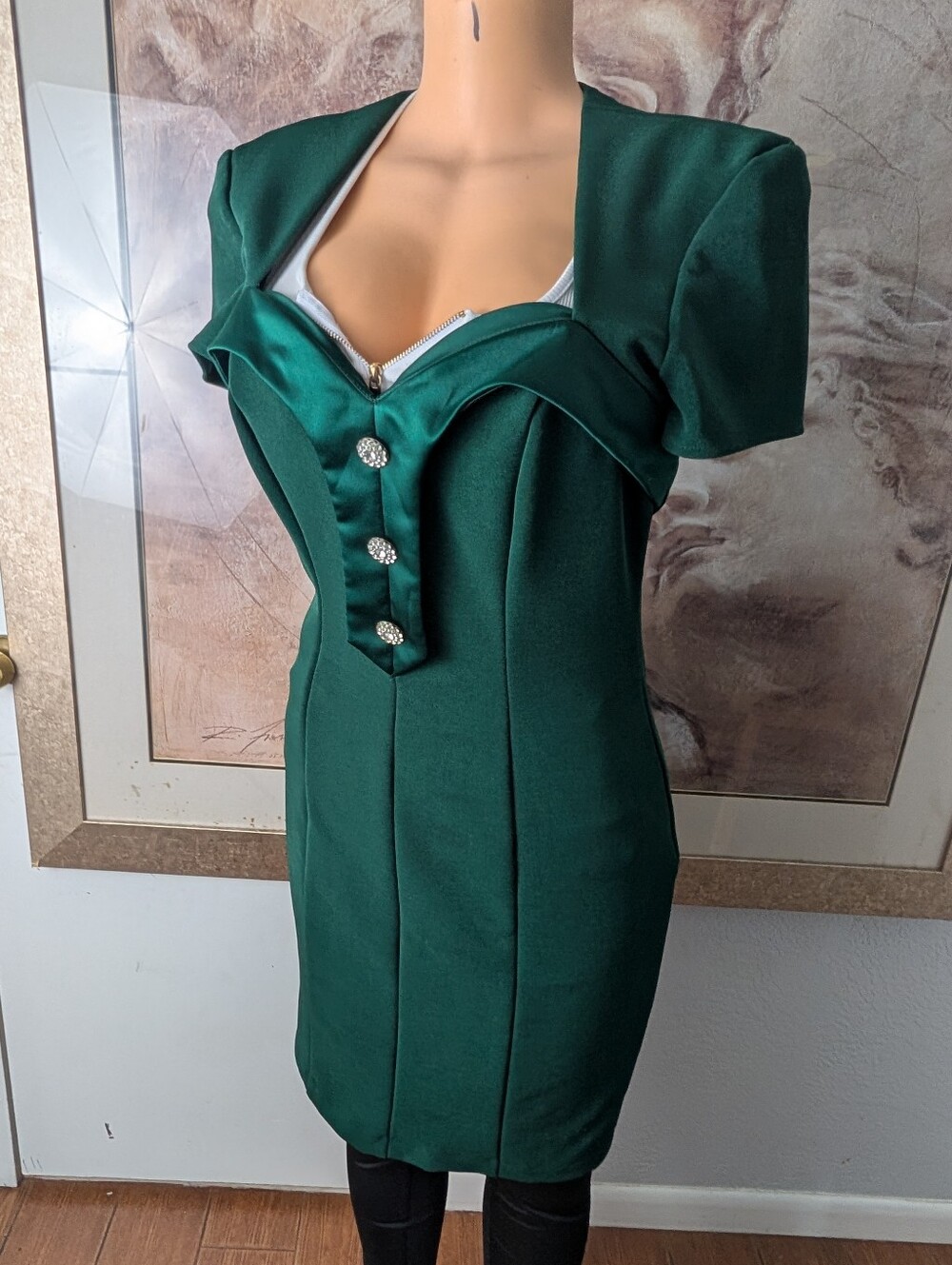 Vintage 80s Niki Originals Emerald Green Wiggle Dress Rhinestone Buttons Size 8
